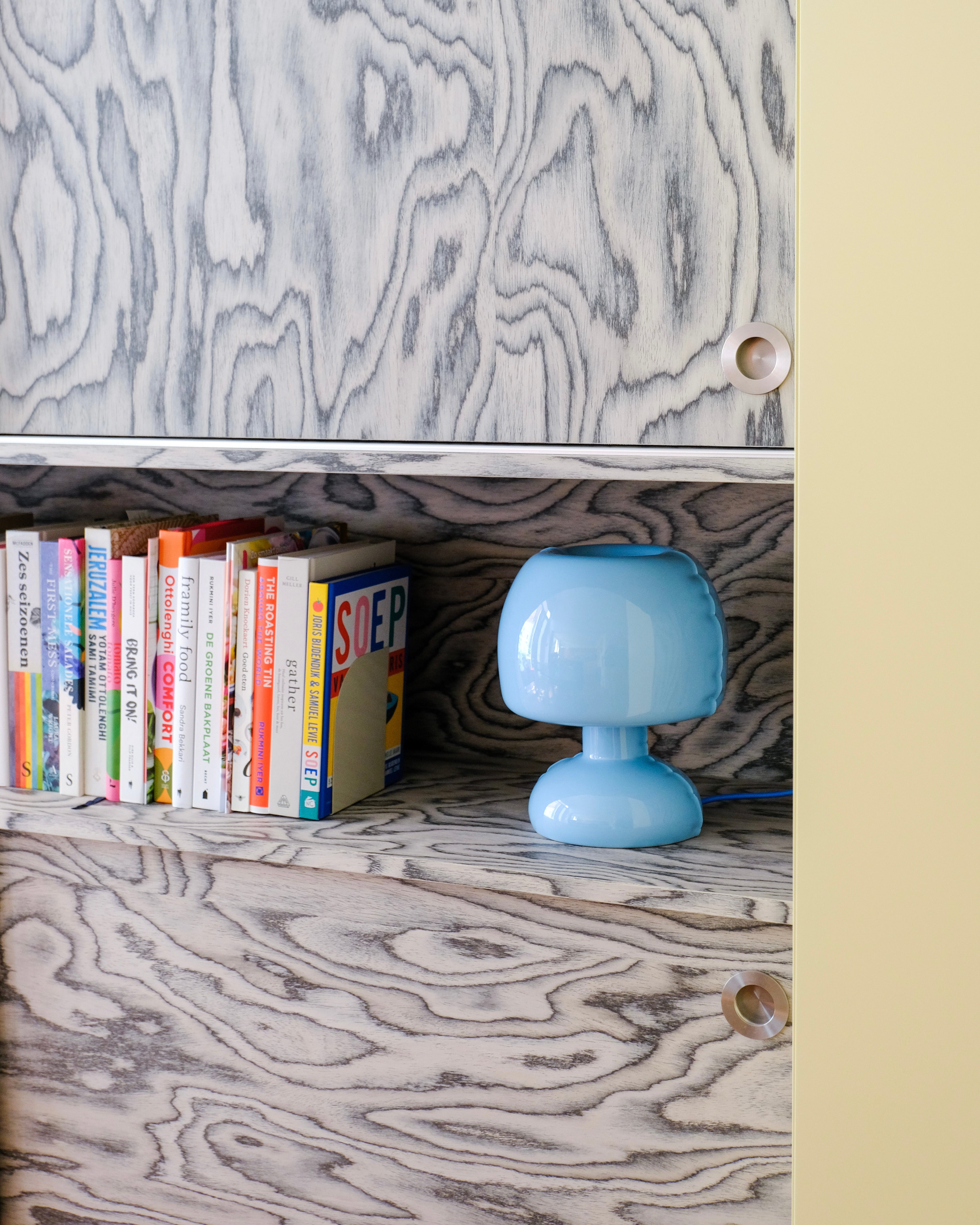 Wooden shelf with books and a Sky Table lamp 'FREDDY'